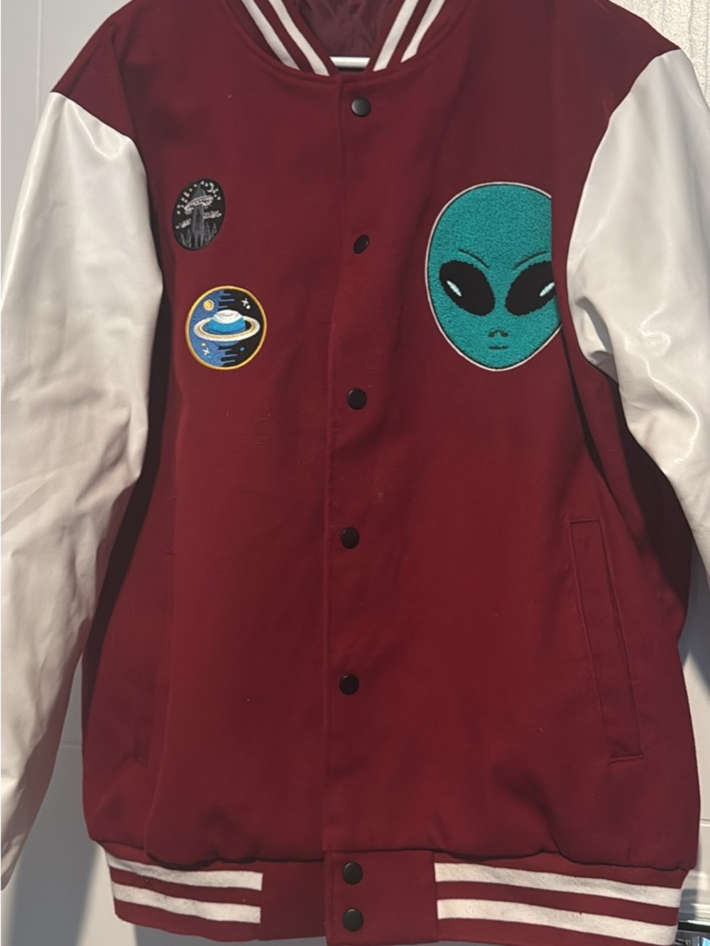 Original Deluxe Maroon & White Alien Patch Varsity Jacket